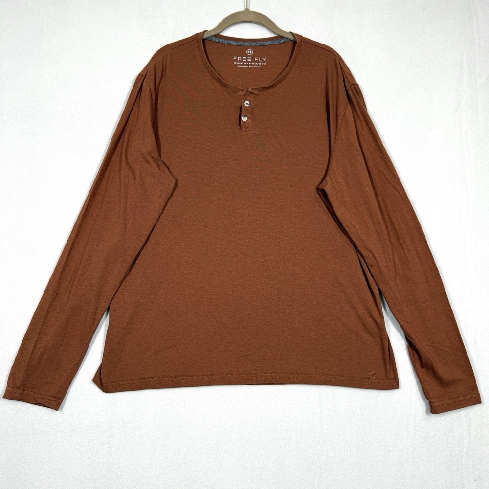 Free Fly Shirt Mens XL Henley Bamboo Blend Long Sleeve Rust Brown‎ Minimalist